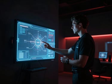 A professional trainer interacting with a holographic display in a clean, futuristic training facility, soft blue and red ambient lighting. Cinematic high-contrast minimalism, deep blacks.