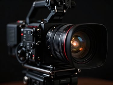 Plano abstrato de uma lente de câmera com reflexos de luzes de palco, pretos profundos, alto contraste, still de produção cinematográfica.