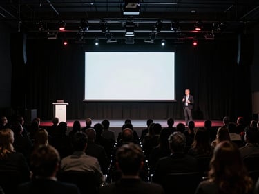 Wide shot of a modern corporate event stage with controlled studio lighting, a presenter on screen, and an attentive audience, cinematic film photography, high contrast, deep blacks.