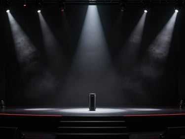 A sleek, new product being unveiled on a minimalist stage with dramatic spotlights, smoke effects, and subtle red laser lines. Cinematic high-contrast minimalism, deep blacks.