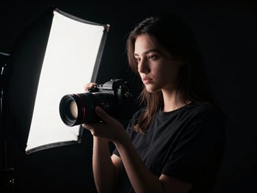 Portrait photography session in a dark studio, softbox lighting, model looking intently, high-end camera, cinematic, high-contrast.