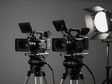 Set de filmagem corporativo moderno, câmera de cinema em trilho, diretor de cena ajustando iluminação, luz dramática, tons cinzas e brancos, anamórfico