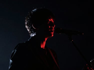 Close-up of a musician performing under dramatic stage lighting, cinematic, high-contrast, deep blacks.