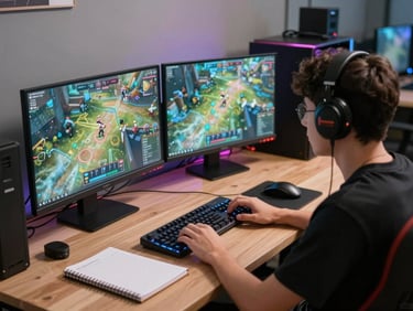 Wide shot of a male student at a battlestation desk — gaming keyboard, second monitor showing a game, notebook beside it suggesting study-game balance, ambient RGB lighting, soft room light