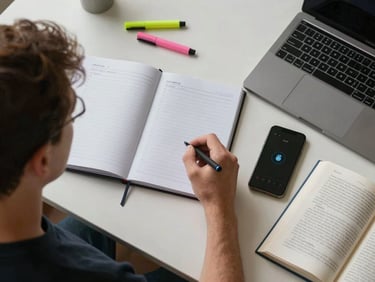 Overhead flat-lay of a male student's organized desk — planner, highlighters, a phone with a timer app, and a textbook open beside a laptop, neutral light surface