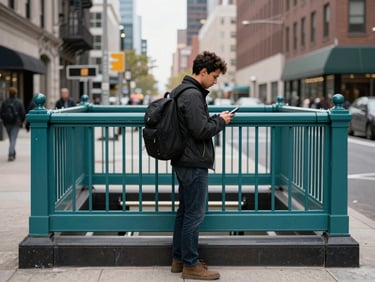 Environmental street-level shot of a young male in a city neighborhood — backpack, laptop bag, looking at a phone near a subway entrance, overcast urban daylight, authentic unposed moment