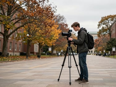 Wide shot of a male student filming with a camera on a tripod outdoors on a university quad, autumn trees in background, natural overcast light giving even tones