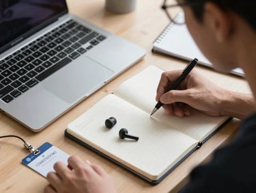 Close-up overhead shot of a male student's desk setup — MacBook, notebook, earbuds, and a campus ID card on a light wood surface, soft north-facing daylight
