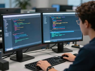 Environmental shot of a male CS student at a dual-monitor desk setup in a dimly lit tech lab, code visible on screen, keyboard and mouse close-up, soft blue monitor glow