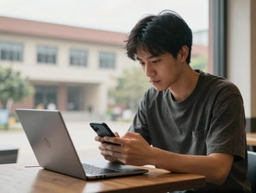 Male college student sitting at a café table, scrolling on a smartphone with a laptop open in front of him, campus building visible through the window behind him, natural daylight, candid moment