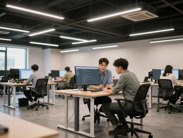 Wide shot of a modern shared workspace interior, two male students collaborating at a standing desk reviewing content on a large monitor, clean open-plan environment, diffused overhead lighting