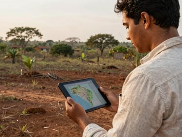 Scientific field research in the Brazilian Cerrado, a researcher in a light linen shirt holding a tablet displaying geographic mapping data, natural diffused golden hour light, rich earthy soils and native vegetation in the background, authentic documentary style.