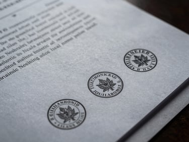 Close-up of official legal documents with official stamps on textured paper, cool desaturated tones, sharp focus, 35mm.