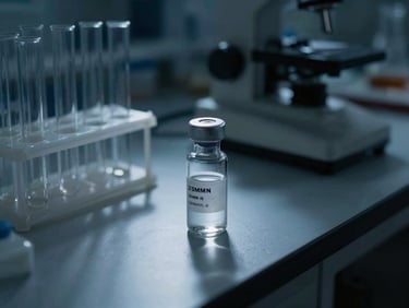 Clinical laboratory equipment, glass vials and test tubes in deep shadows with cool blue lighting, representing forensic chemistry, 35mm.