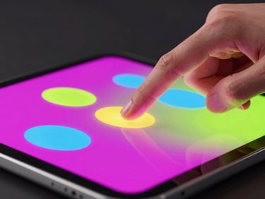 Extreme close-up of fingers interacting with a colorful physics-based puzzle app on a tablet screen, vibrant magenta and cyber lime rim lighting