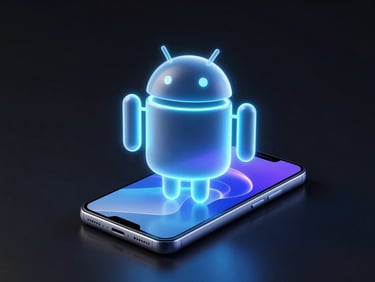 Sleek 3D digital render of a glowing, rotating Android device mockup on a dark background with neon glassmorphism and fluid gradients, high-contrast studio lighting, sharp focus.