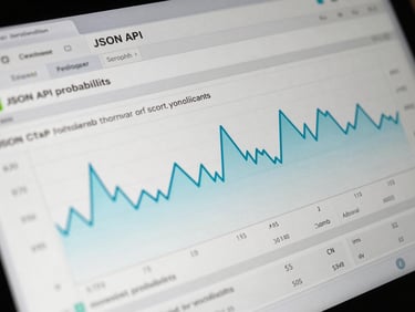 Close-up crop of a high-contrast terminal interface showing JSON API payloads, nested sports probability metrics, and cyan vector trend lines.