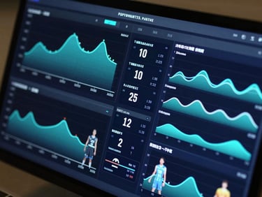 Close-up crop of a dark sports analytics dashboard, displaying high-fidelity interactive trend lines and multi-layered player efficiency heatmaps, glowing electric cyan and deep navy, high contrast vector rendering.