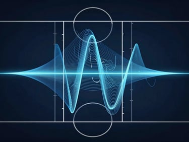 Abstract mathematical representation of basketball court geometry overlaid with probability distribution curves, crisp vector lines, glowing ice-blue accents on a dark navy background.