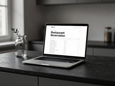 Minimalist laptop mockup showing a restaurant reservation interface, placed on a dark slate kitchen counter with a single branch in a glass jar, moody controlled daylight, high contrast.