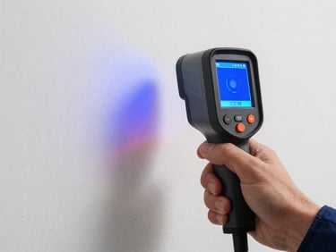 Close-up of a technician's hand holding a thermal imaging camera, displaying a sharp blue-to-red moisture boundary on a white drywall surface, bright clinical lighting.