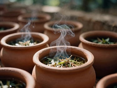 Close-up of clay vessel with herbal infusions, soft smoke rising in a sunlit terreiro, earthy tones, 35mm film style