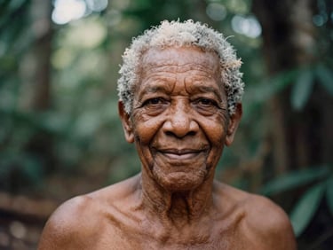 Intimate portrait of an elderly Afro-Brazilian spiritual leader smiling gently, warm natural light, shallow depth of field, 35mm film style