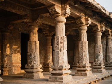 Detail of ancient temple architecture, hand-carved stone pillars bathed in warm golden hour sunlight.