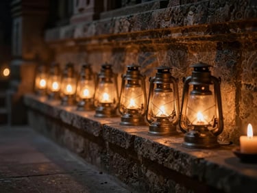 Soft, out-of-focus oil lamps glowing warmly in a dark stone temple alcove, gentle candle light, meditative mood.