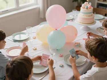 Overhead shot of a birthday party table with themed pastel decorations, balloon centerpieces, and cake setup, warm natural light from a nearby window, children's hands reaching for party favors