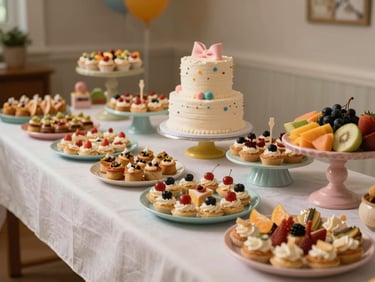 Wide shot of a children's birthday party food table with colorful finger foods, a tiered cake, and fruit platters under warm tungsten light, thoughtfully arranged with pastel-toned serving ware