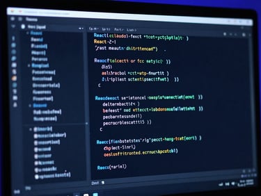 Sleek tech photography, close-up of clean React and Liquid code on a dark monitor, electric blue ambient lighting, sharp focus, 35mm
