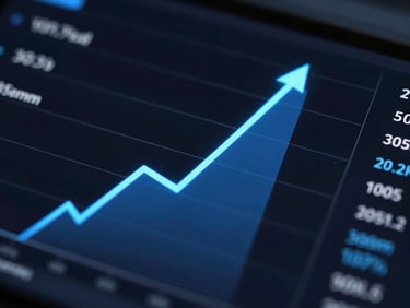 Macro shot of an analytics dashboard with upward trending conversion charts, cool low-key studio lighting, deep black and electric blue tones, 35mm