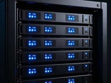 Sleek tech photography, modern server rack with glowing electric blue status lights, dark obsidian background, 35mm