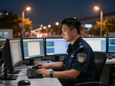 Professional uniformed security officer in a control room, focused on monitors, sharp daylight, deep navy and amber tones, high contrast, 35mm lens