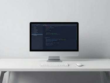 Minimalist high-end workspace with clean code displayed on a high-resolution screen, cool crisp studio lighting, deep slate and clean white tones, sharp focus
