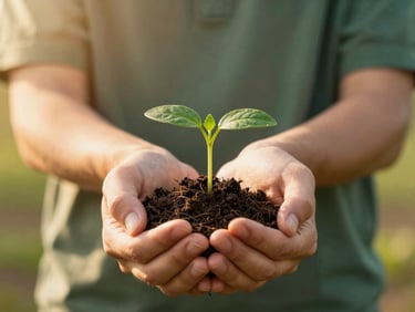 Hands holding a small green sprout planted in rich soil, warm golden hour light, soft focus background