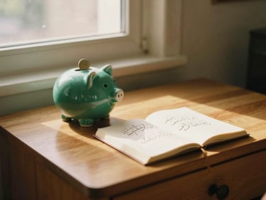 A simple wooden desk with a ceramic coin bank, a small notebook containing Arabic calligraphy, warm morning window light