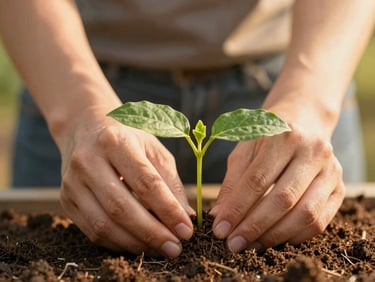 Close up of hands carefully planting a young green sprout into rich soil, soft golden light, warm editorial style
