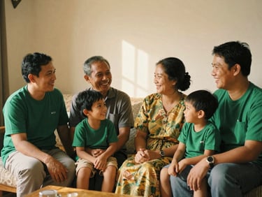 An Indonesian family sitting together in a warm, sunlit living room, authentic smiles, natural interaction, medium format film