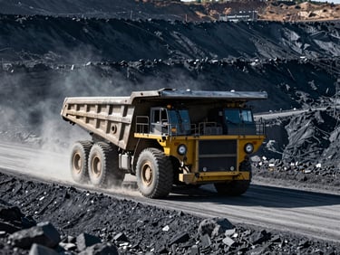 Wide shot of a large mining truck driving on a haul road in an open-pit mine, dust in the air, sharp industrial photography, high-contrast natural daylight, deep navy and metallic tones, crisp focus, 35mm architectural lens.