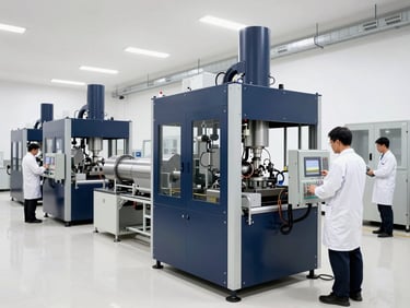 Wide shot of a clean, modern industrial factory floor, automated machinery in operation, engineers in white lab coats inspecting control panels, sharp industrial photography, clean white lighting, deep navy and metallic tones, crisp focus, 35mm architectural lens.