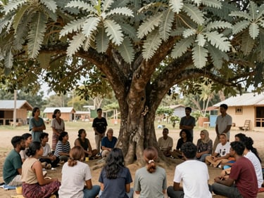 An inspiring photograph showing community members and young leaders gathering under a historic canopy tree in a sustainable village. Warm sand lighting, soft sage green leaves. Global / Sustainable & Impact Community context.