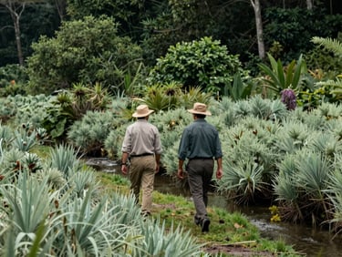 A medium photo of two field stewards walking along a natural waterway in a community-managed land reserve, observing native flora. Palette includes dark forest green and medium sage green, bright organic lighting. Global / Sustainable & Impact Community context.