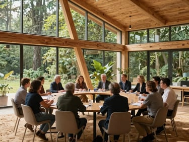 A photo of a collaborative roundtable discussion inside a modern sustainable timber pavilion. Warm sand background tones, dark forest green accents, natural sunlight streaming through high windows. Global / Sustainable & Impact Community setting.