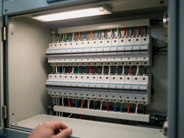 Interior of a residential electrical panel with organized wiring, breakers clearly labeled, clean workbench overhead lighting, no hands in frame, tight medium shot