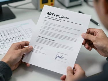 Engineer's hands holding a printed ART compliance document with a signed technical stamp visible, electrical schematics spread on a desk in the background, clean overhead office lighting, no faces visible