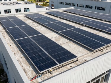Rooftop photovoltaic panel array on a commercial building, midday direct sunlight, wiring conduit visible at panel edge, wide environmental shot showing multiple rows of modules