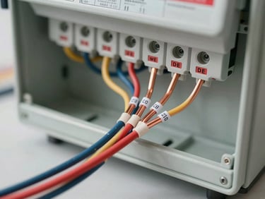 Close-up overhead of a residential electrical panel being wired, copper conductors stripped and labeled, clean workbench lighting, no faces visible, technical cable management visible in foreground