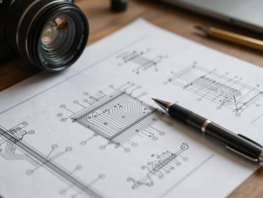 Close-up of engineering schematics and load analysis printout on a work desk, overhead lighting, a pen resting on circuit diagram annotations, technical precision visible